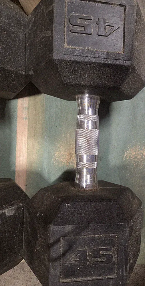 45 lb Hex Rubber Dumbbells Pair (2) Black/Silver Chrome Handles Fixed Weight