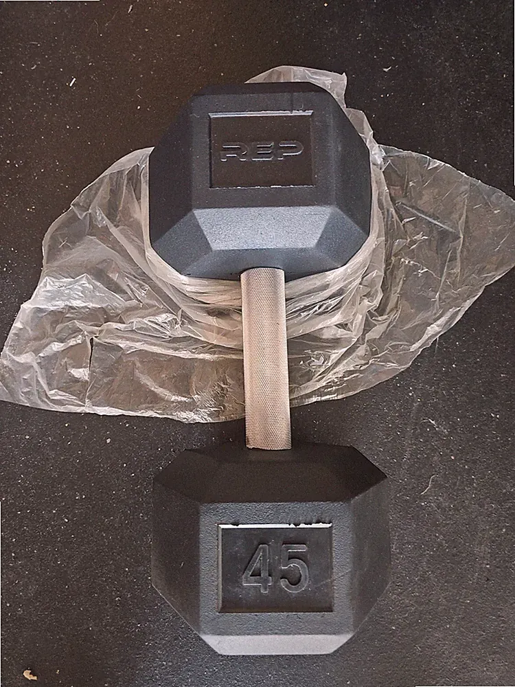 45 Pound REP Rubber Encased Hex Dumbbell Hand Weight.