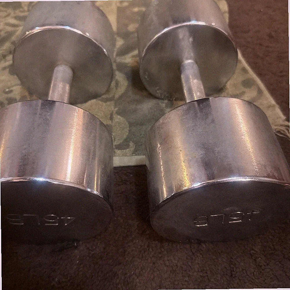 45lb Chrome 45s Dumbbells Knurled Grip Handles Pair 90lbs Weights (1 End SPINS!)