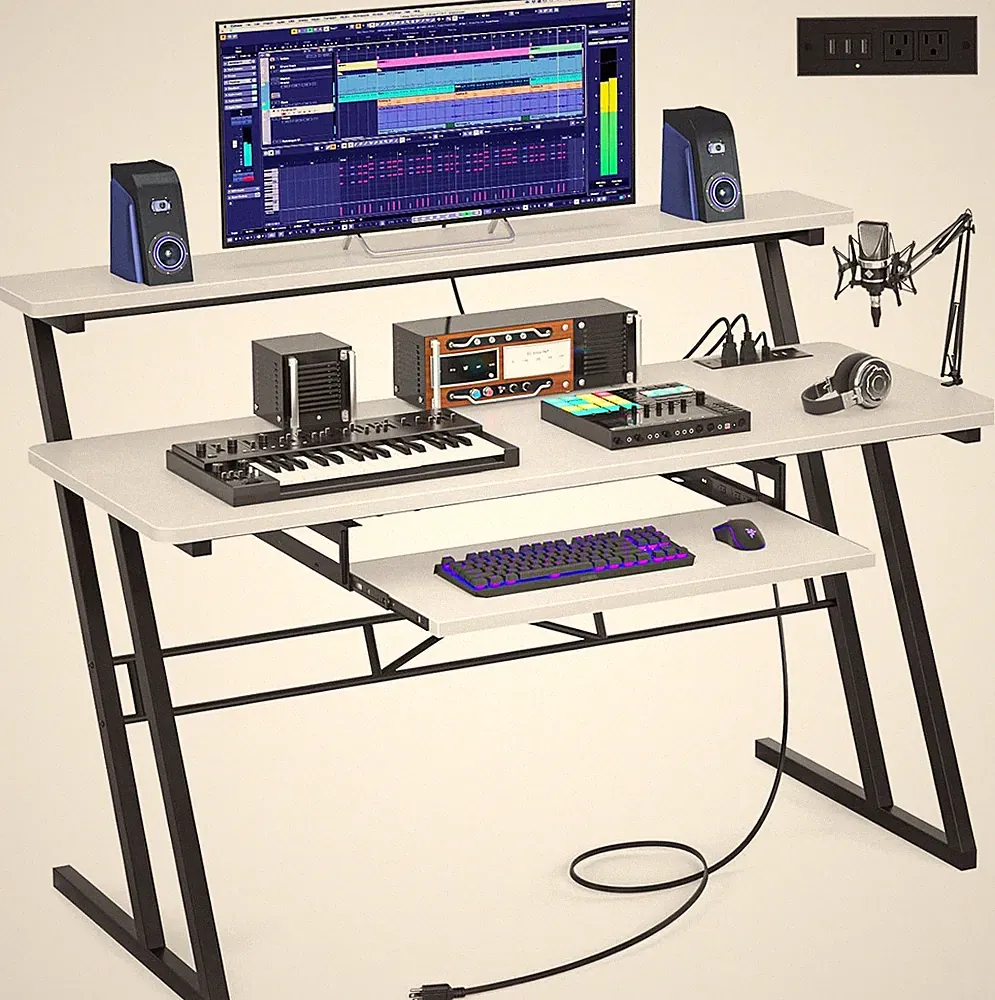 47'' Music Studio Desk with Power Outlet, Studio Desk for Music Production, Reco
