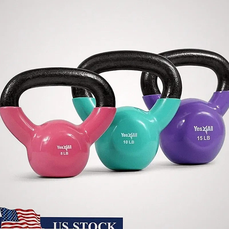5 10 15 Lbs Vinyl Coated Kettlebell Set Durable Cast Iron Full Body Workout New