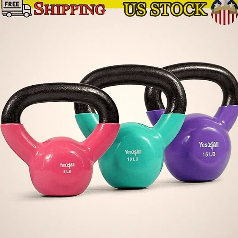 5-15lb Kettlebell Set Vinyl Coated Weights Combo Full Body Workout Equipment US