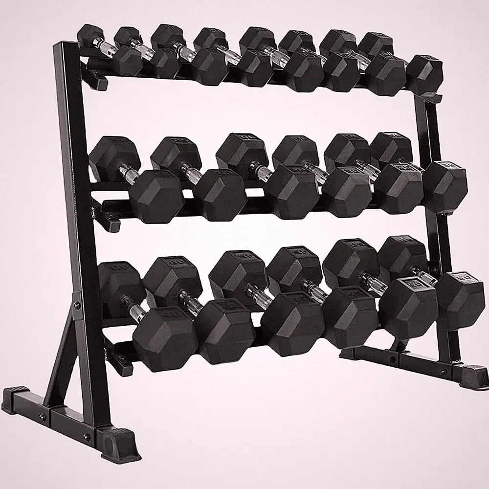 5–50 lb Rubber Hex Dumbbell Set with Rack | 10 Pairs, 550 lb Total | Home Gym St