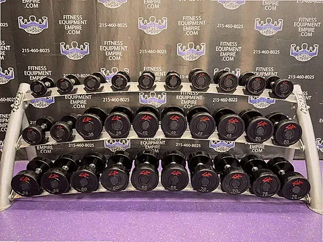 5-75 American Barbell GP Urethane Dumbbell Set w / 3 Tier Rack