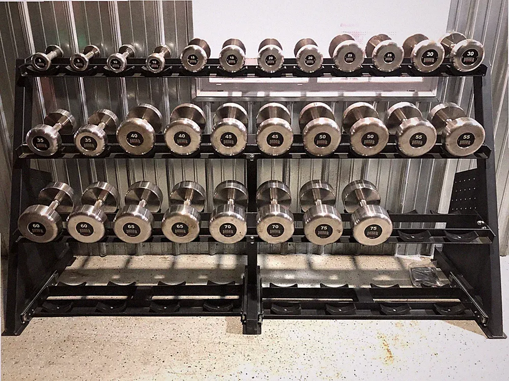 5-75 Intek Dumbbells with New 4 Tier Rack with pullout bottom racks - MICHIGAN