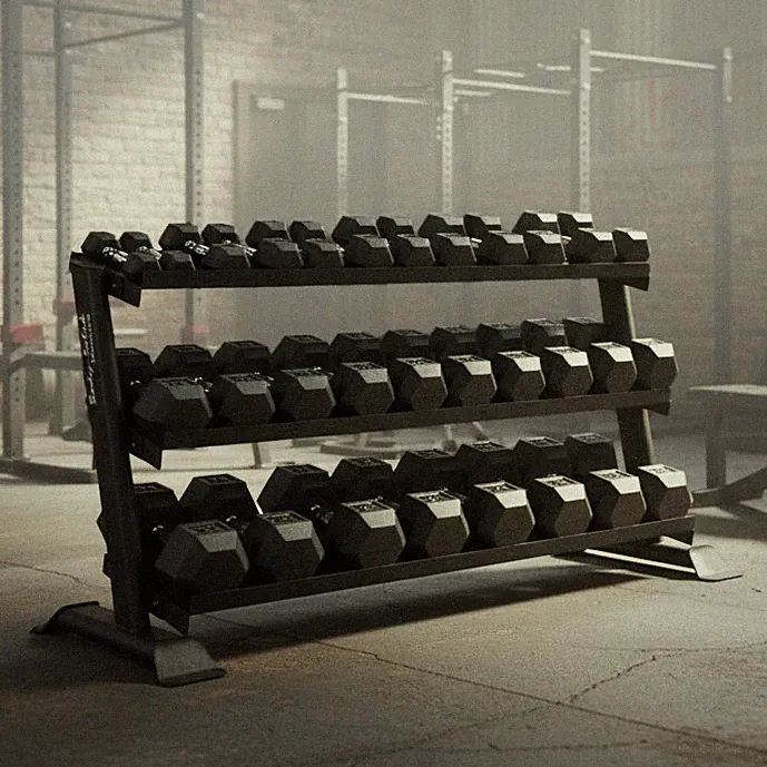 5–75 lb Rubber Hex Dumbbells + Heavy Duty Rack Body-Solid