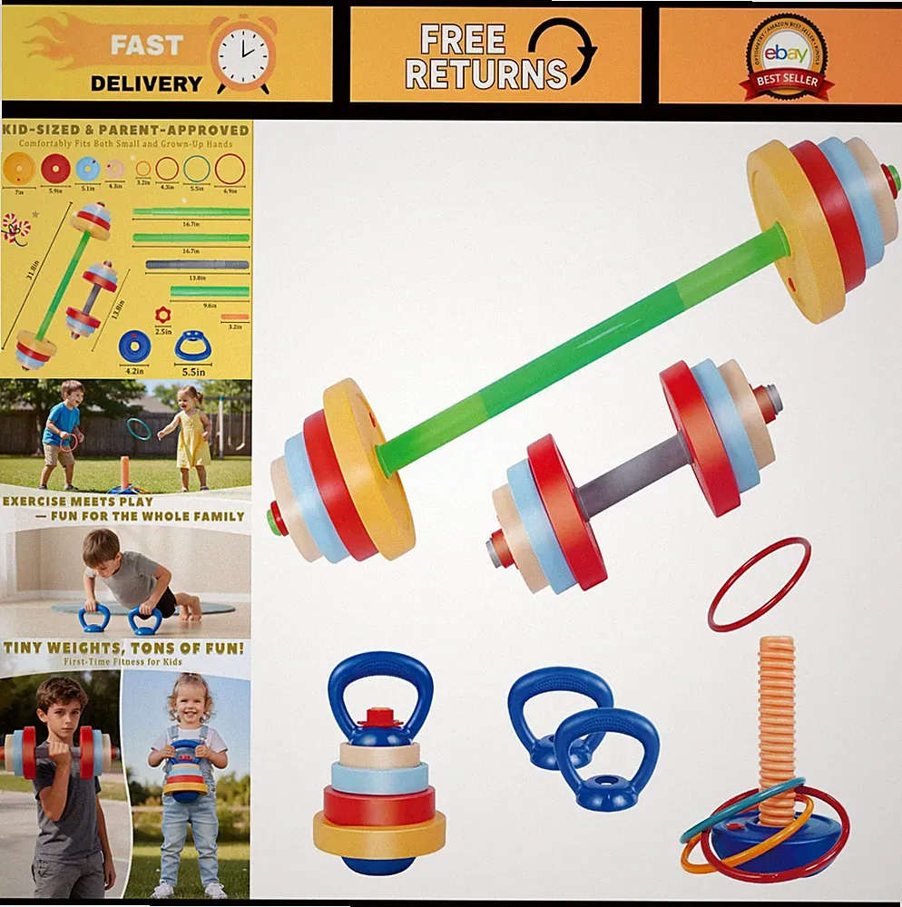 5-in-1 Kids Weight Set - Adjustable Toddler Gym Equipment, Barbell, Dumbbells, K