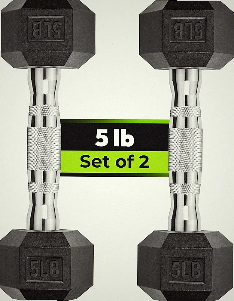 5 lb Rubber Coated Hex Dumbbells Pair (Set of 2) – Non-Slip Grip – Home Gym Stre