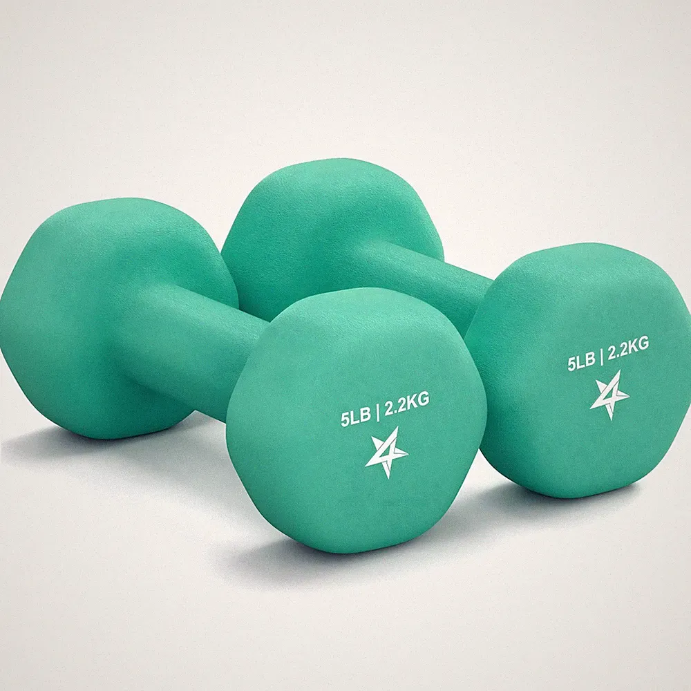 5 lbs Dumbbells Pair Dark Green Neoprene Coated Cast Iron Hex Anti-Roll