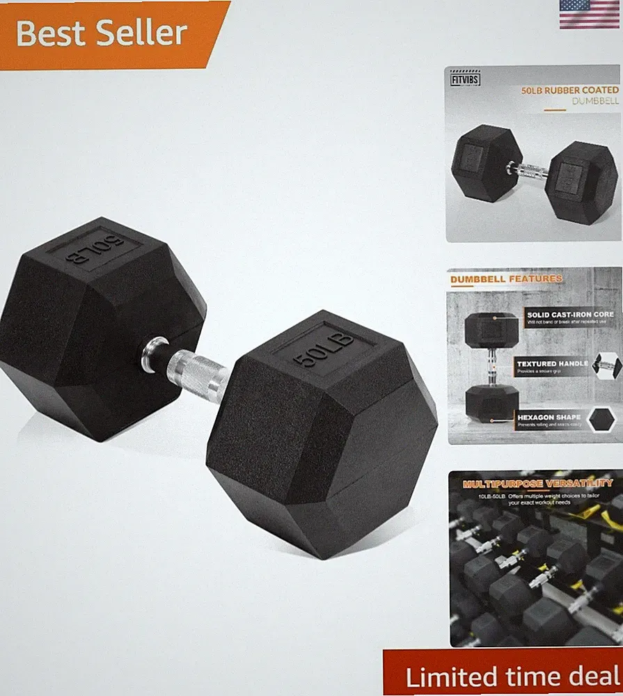 50LB Hex Dumbbell - Rubber Coated Hand Weight for Ultimate Fitness Performance