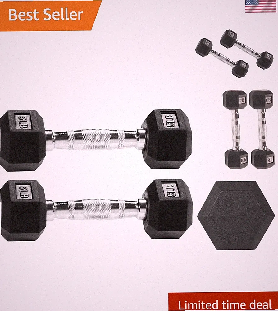 5LB Rubber Hex Dumbbells for Secure Grip and No-Roll Convenience - Set of 2