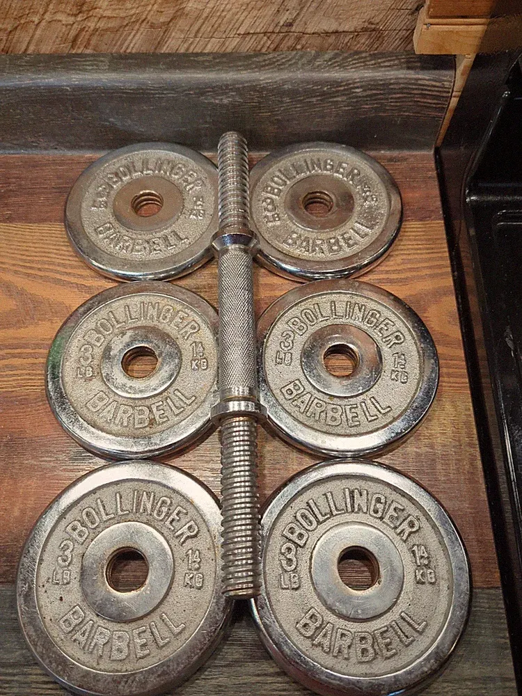 6 Bollinger Barbell Threaded Dumbell Weights Plates 3 lb 1.4kg Each Chrome w/BAR