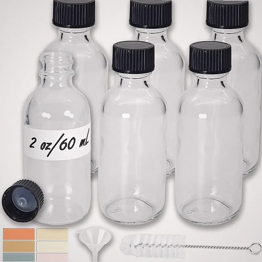 6 Pack 2Oz Shot Bottles with Caps, Leak-Proof 60Ml Small Clear Glass Bottles wit