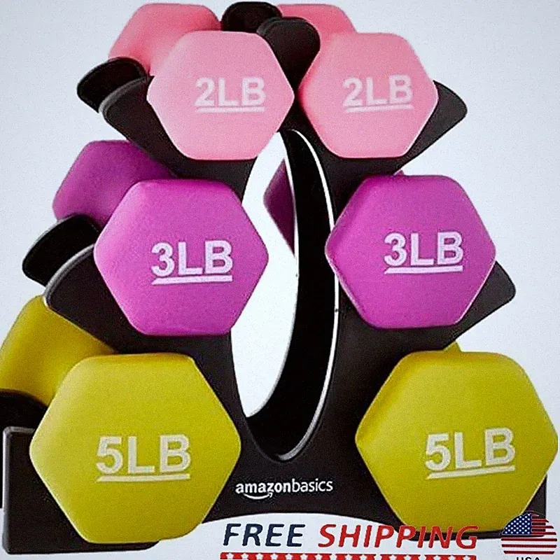 6 Pack Neoprene Dumbbells Set 2 3 5lb W/ Storage Stand Nonslip Grip Hexagon Ends