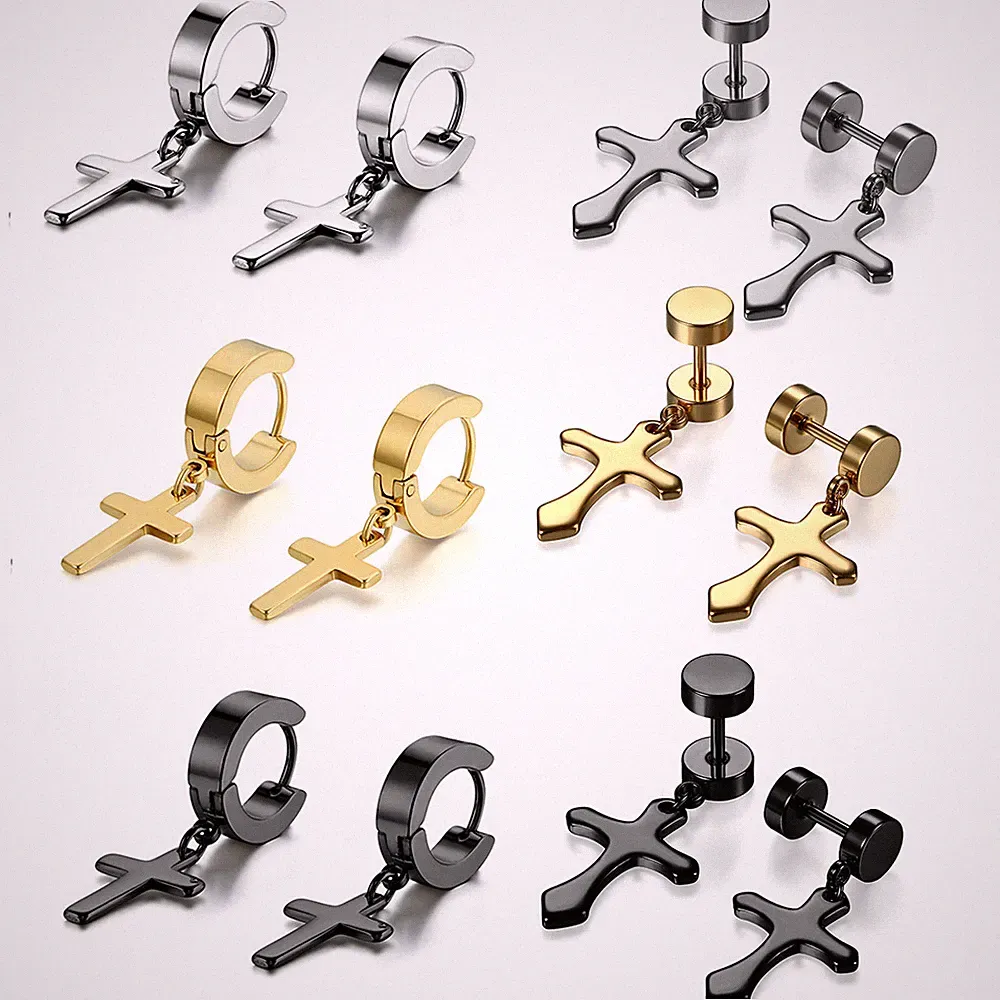 6 Pairs Stainless Steel Cross Dangle Huggie Hoop Earring Barbell Ear Studs Women