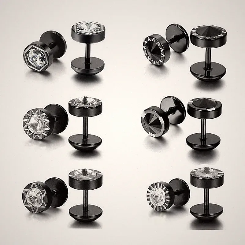 6 Paris Stainless Steel Gothic Punk Barbell Dumbbell Ear Stud Earrings Men Women