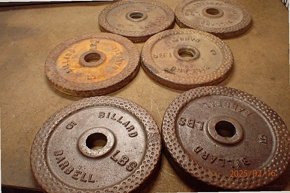 6 VINTAGE BILLARD 5 LBS POUND WEIGHT PLATES FOR 1-1/8 BAR BARBELL DUMBBELLS