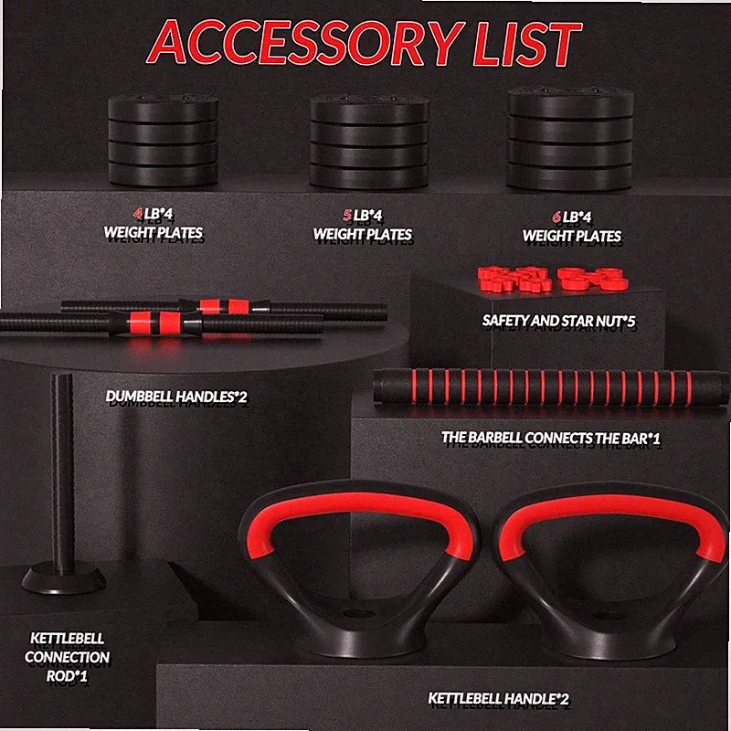 60LB 4-in-1 Adjustable Dumbbell Barbell Kettlebell Set Portable Gym Equipment US
