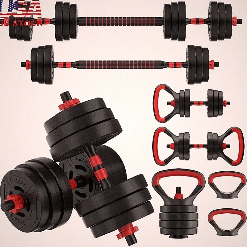 60LB 4-in-1 Portable Adjustable Dumbbell Barbell Kettlebell Weight Set Exercise