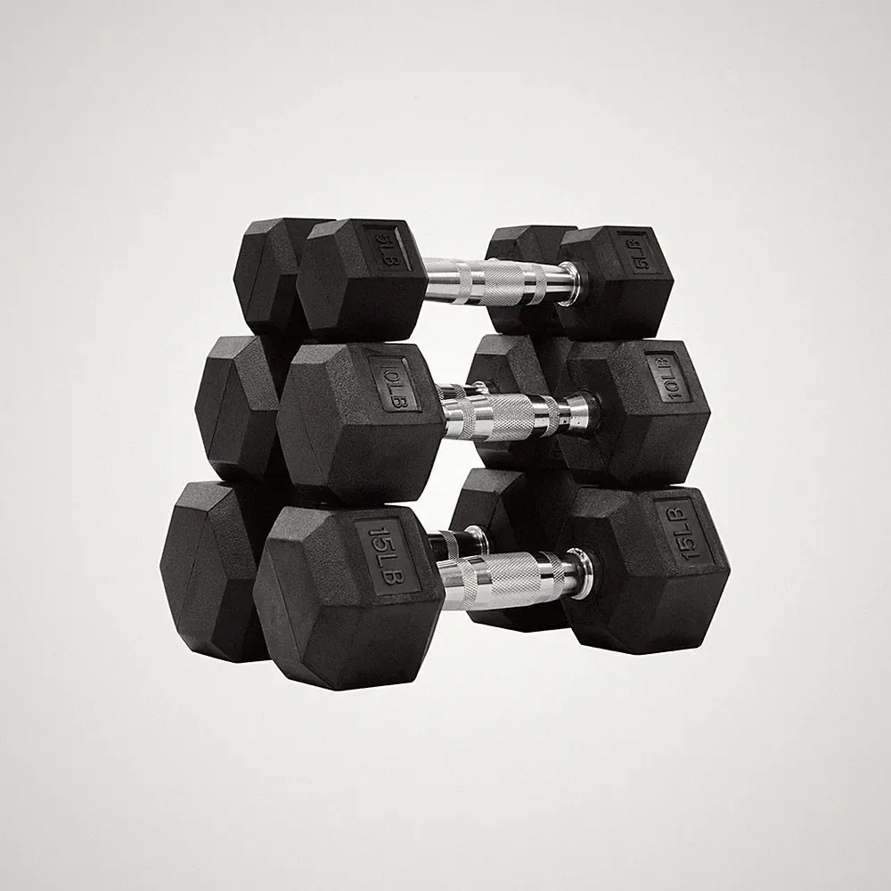 60LB Rubber Encased Hex Dumbbell Weight Set Contoured Handle for Muscle Tonin...