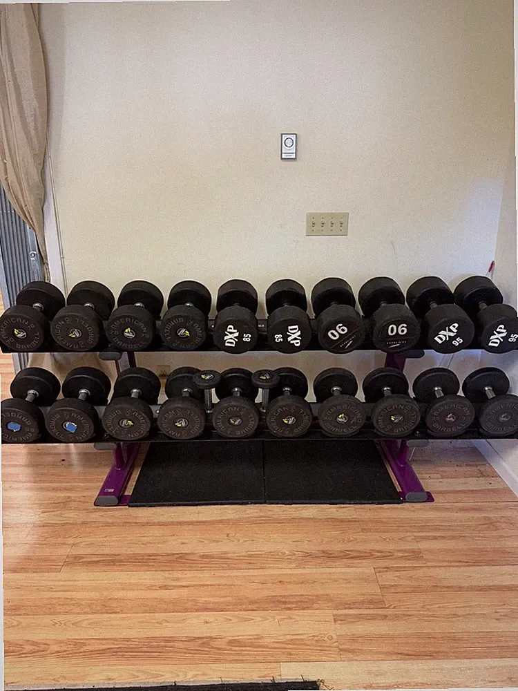 7.5-95 American Barbell Urethane Dumbbell Set w / 2 Tier Rack