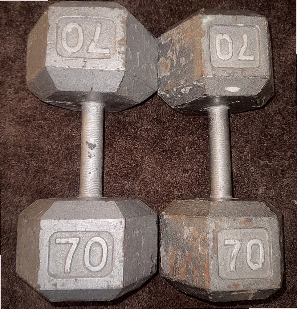 70 lb Pair Hex Cast Iron Dumbbells 140 lbs Total Used Iron Steel Hand Weights