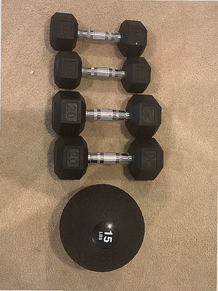 75 lb Home Gym Set: 20 lb & 10 lb Rubber Hex Dumbbells + 15 lb Slam Ball