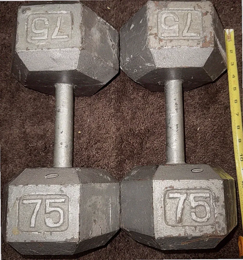 75 lb Pair Hex Cast Iron Dumbbells 150 lbs Total Used Iron Steel Hand Weights