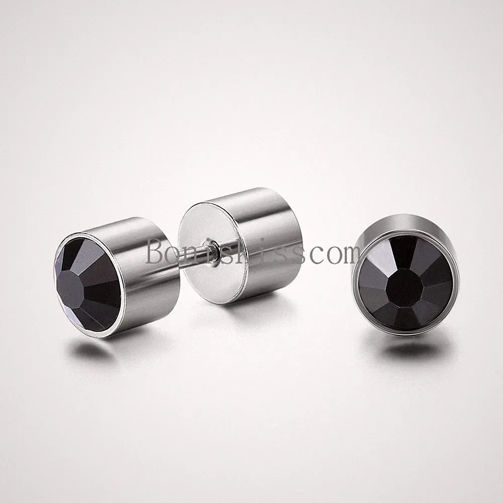 7mm Round CZ Silver Stainless Steel Dumbbell Men's Earrings Black / Blue