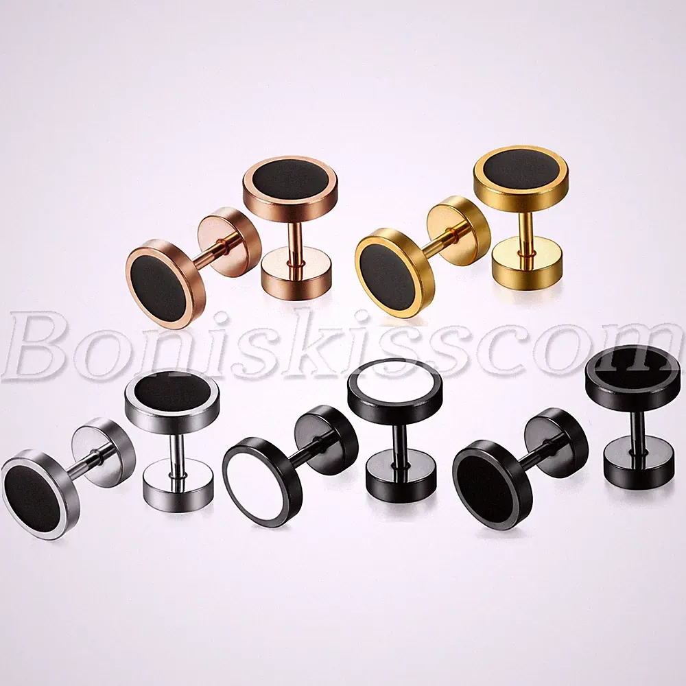 8MM Unisex Punk Stainless Steel Round Dumbbell Barbell Ear StudsEarrings 2pcs