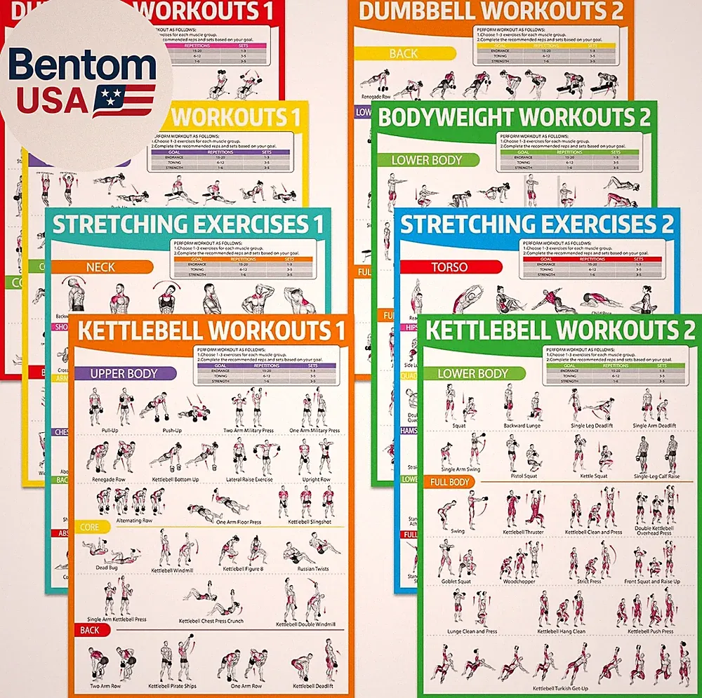 8PCS Workout Posters for Home Gym Dumbbells, Bodyweight, Stretching, Kettlebell