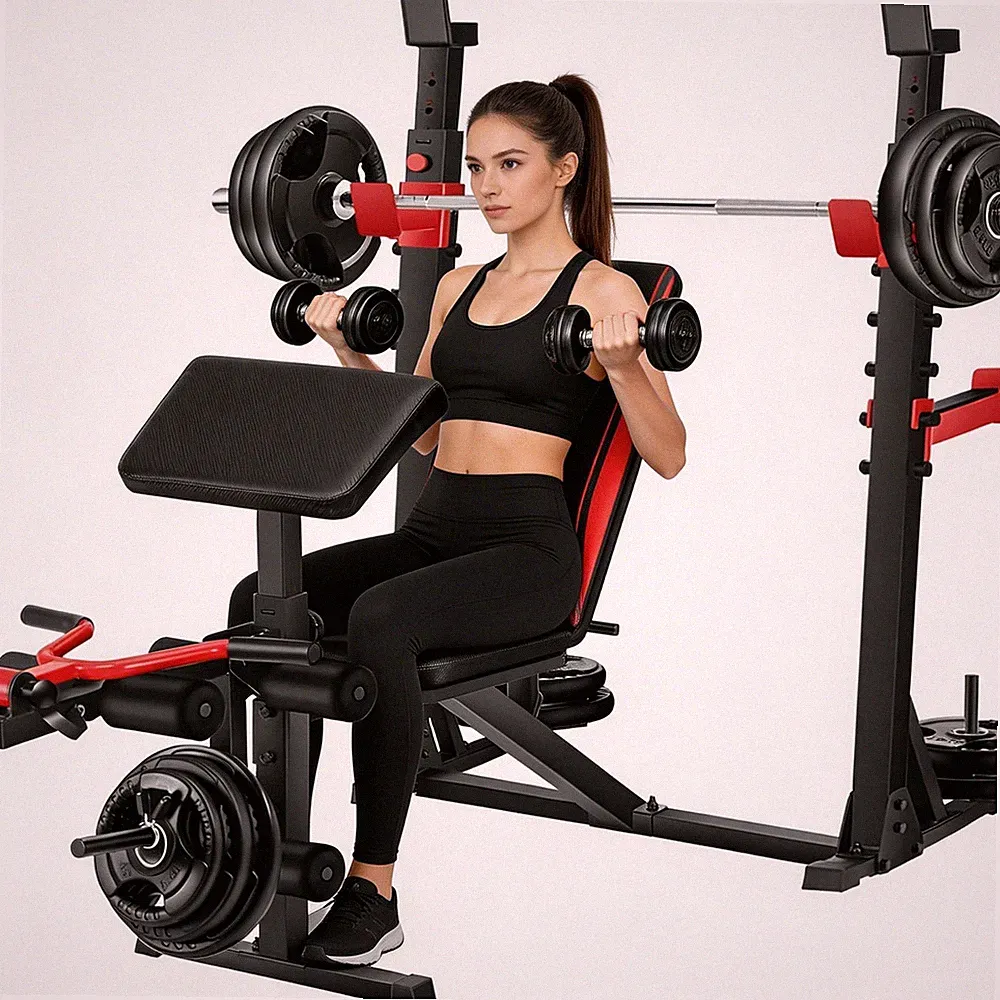 900LBS 6 in 1 Olympic Weight Bench Set w/Squat Rack Leg Extension Preacher Curl