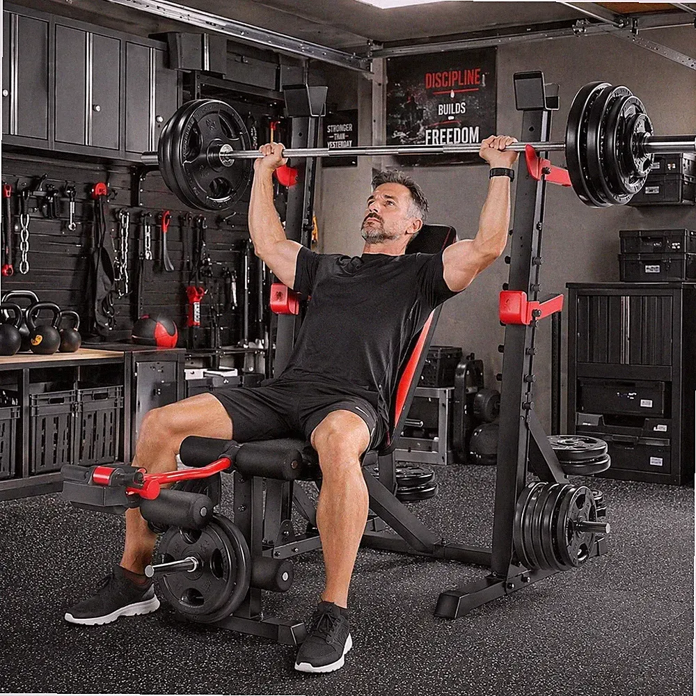 900LBS Olympic Weight Bench Press Set w/Squat Rack & Leg Extension Preacher Curl