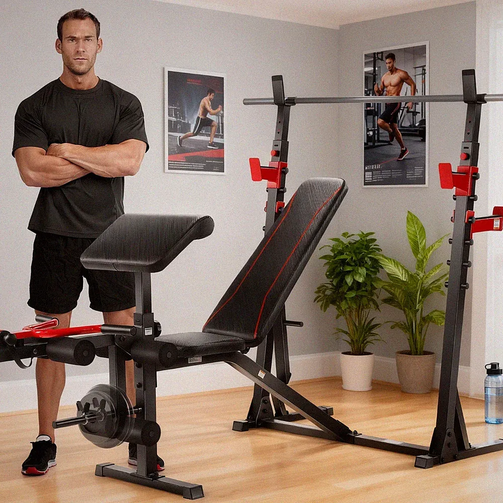 900LBS Olympic Weight Bench Set Adjustable Press with Squat Rack, Preacher Curl