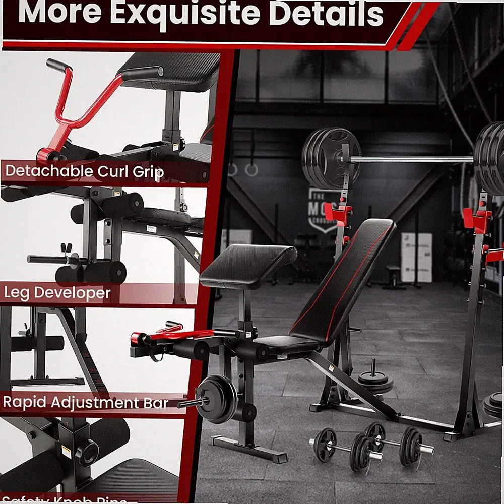 900LBS Olympic Weight Bench Set with Squat Rack, Preacher Curl &Leg Extension A+