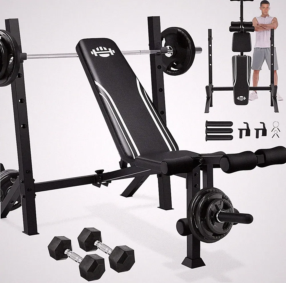 900LBS Weight Bench Set with Barbell Rack, Heavy Duty Bench Press Set with Leg