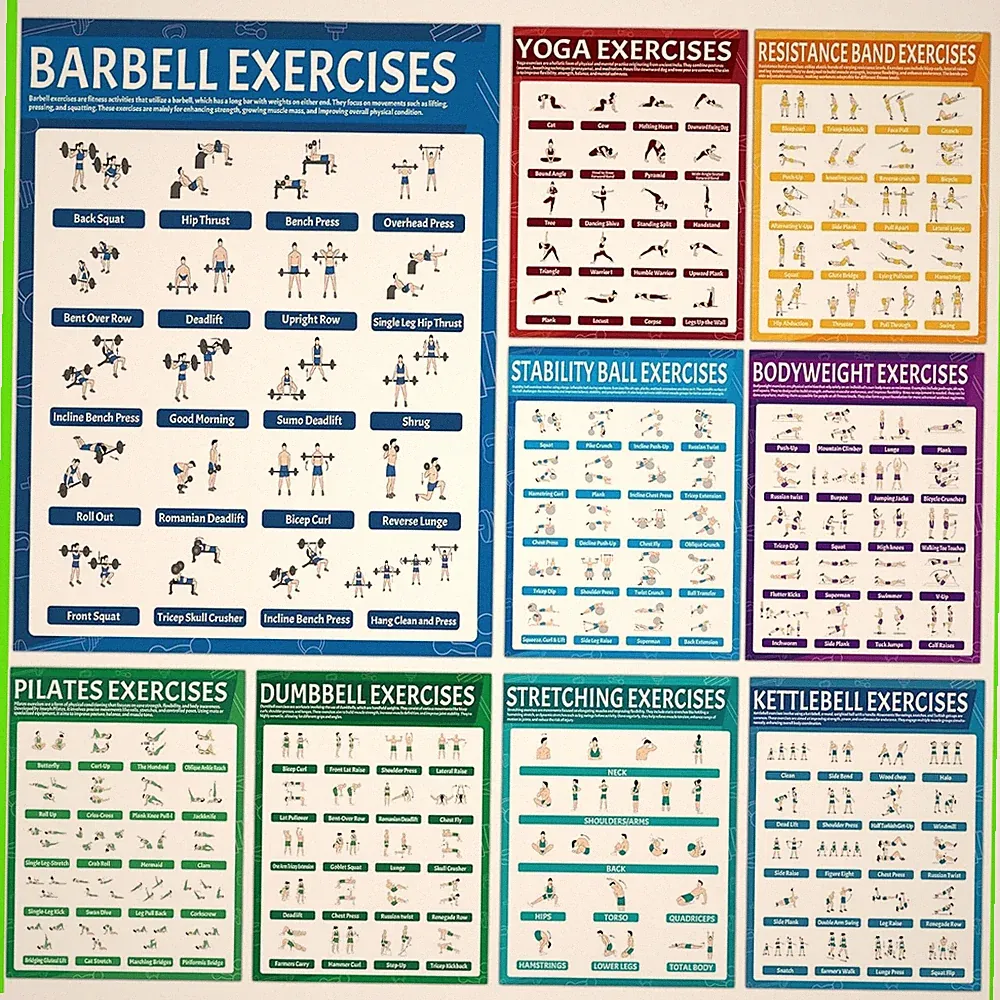 9Pcs Exercise Poster Set Workout Chart Posters Dumbbell Kettlebell Yoga Stret...