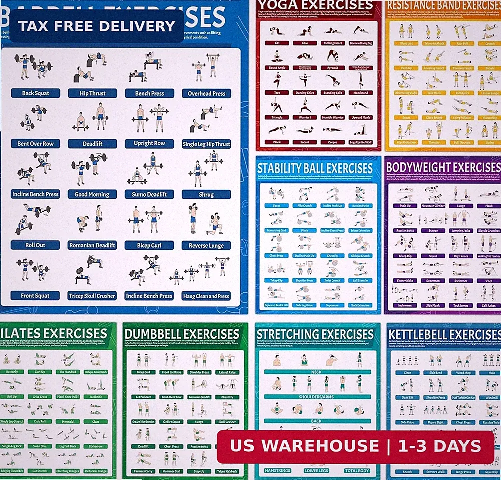 9Pcs Exercise Poster Set Workout Chart Posters Dumbbell Kettlebell Yoga Stretchi