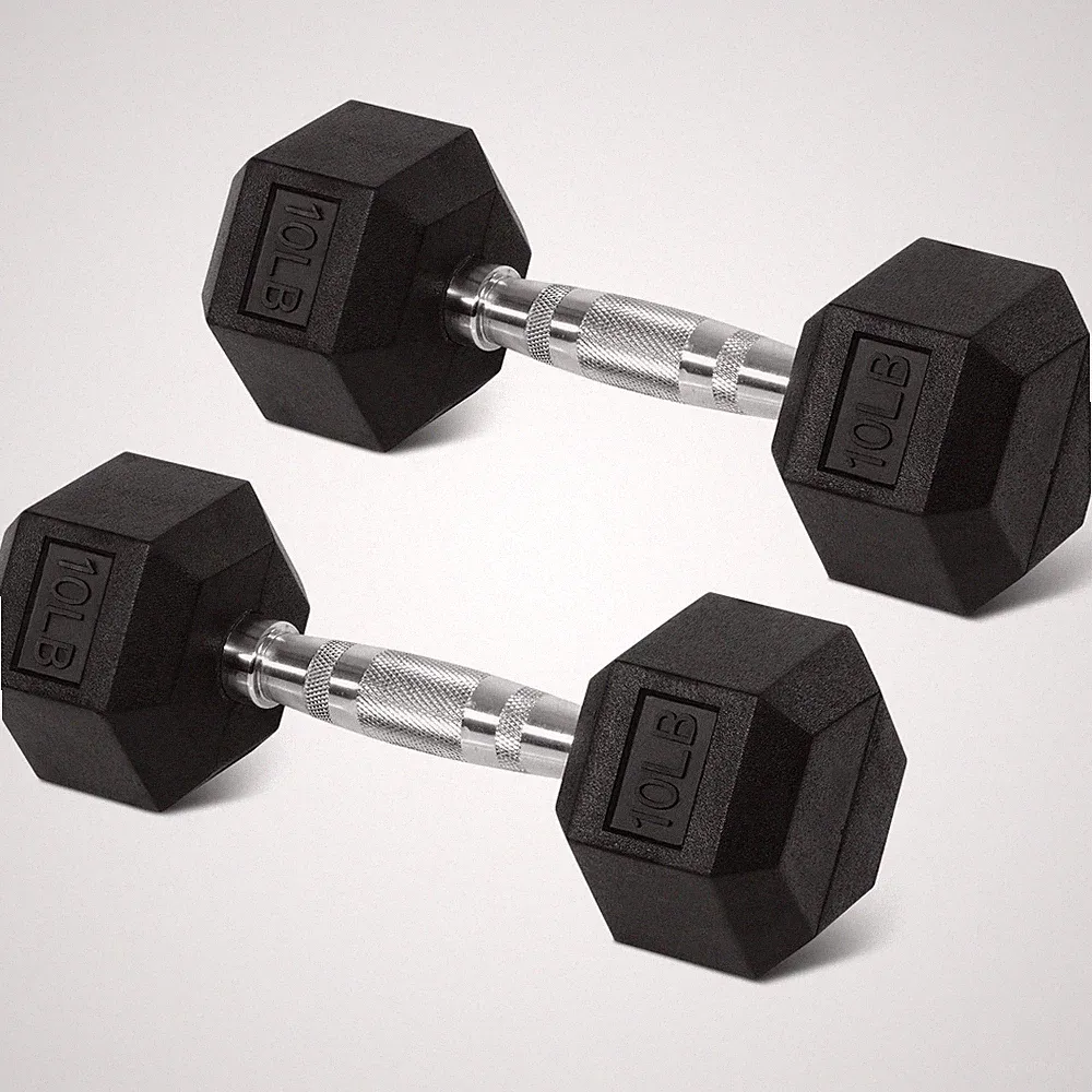 A pair 10LB Hex Rubber Dumbbells – Solid Cast Iron with Non-Slip Grip