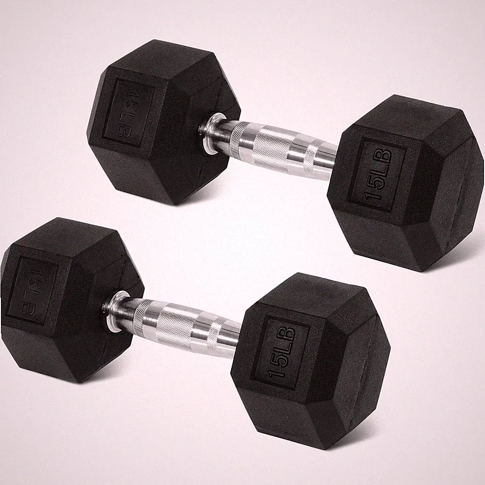 A pair 15LB – Hex Rubber Dumbbells Solid Cast Iron with Non-Slip Grip