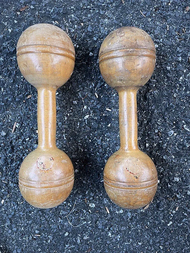 A Pair Of Vintage Wooden Dumbbells Weighing 1 Pound Each.