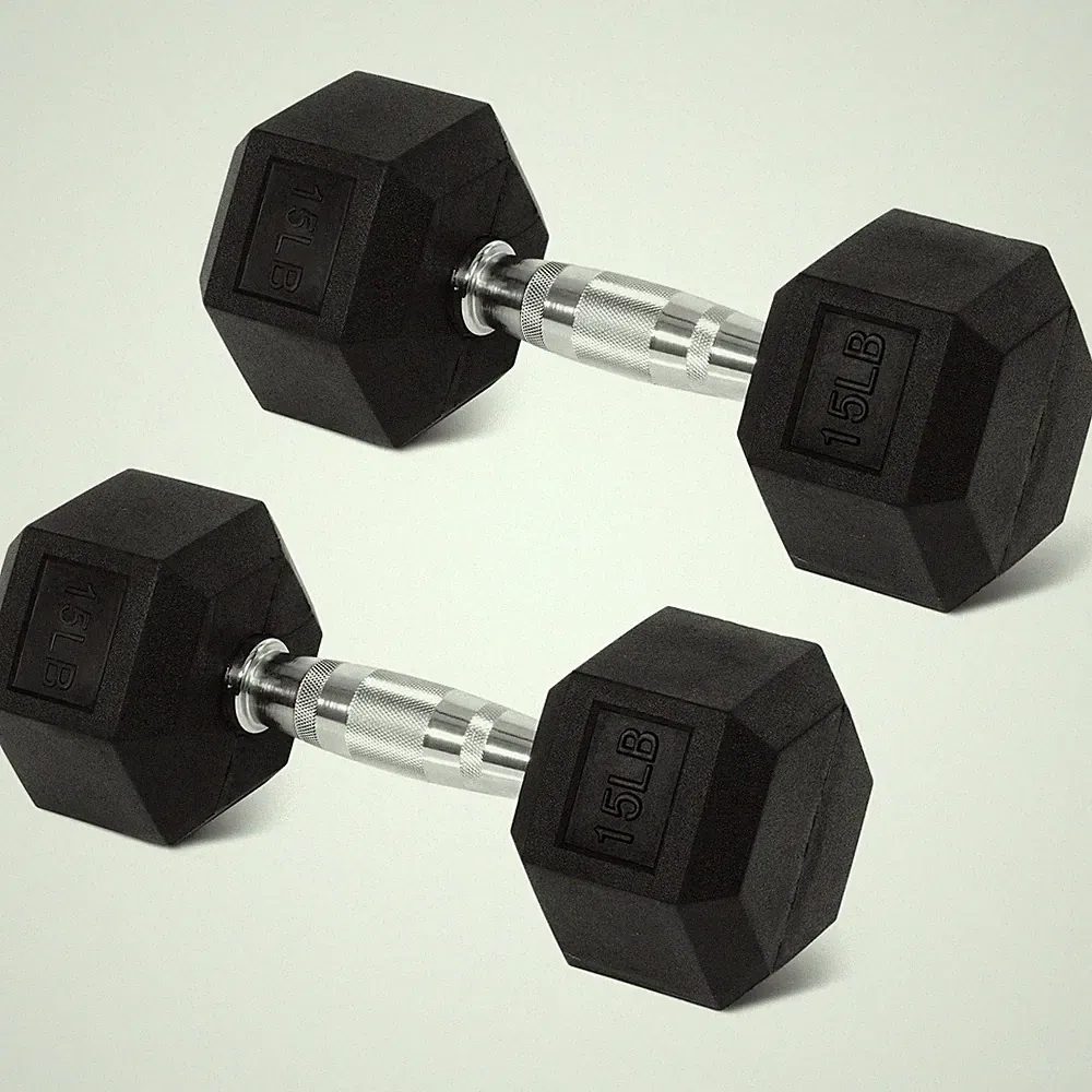 a pair of15lb Hex Rubber-Coated Dumbbell Pairs–Durable Anti-Roll Design for Home