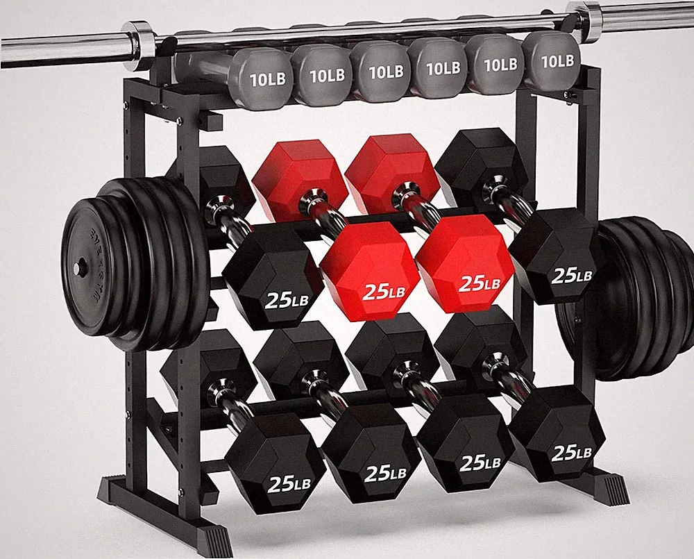 Adjustable 3-Tier Dumbbell Rack with Barbell & Weight Plate Storage for Home Gym