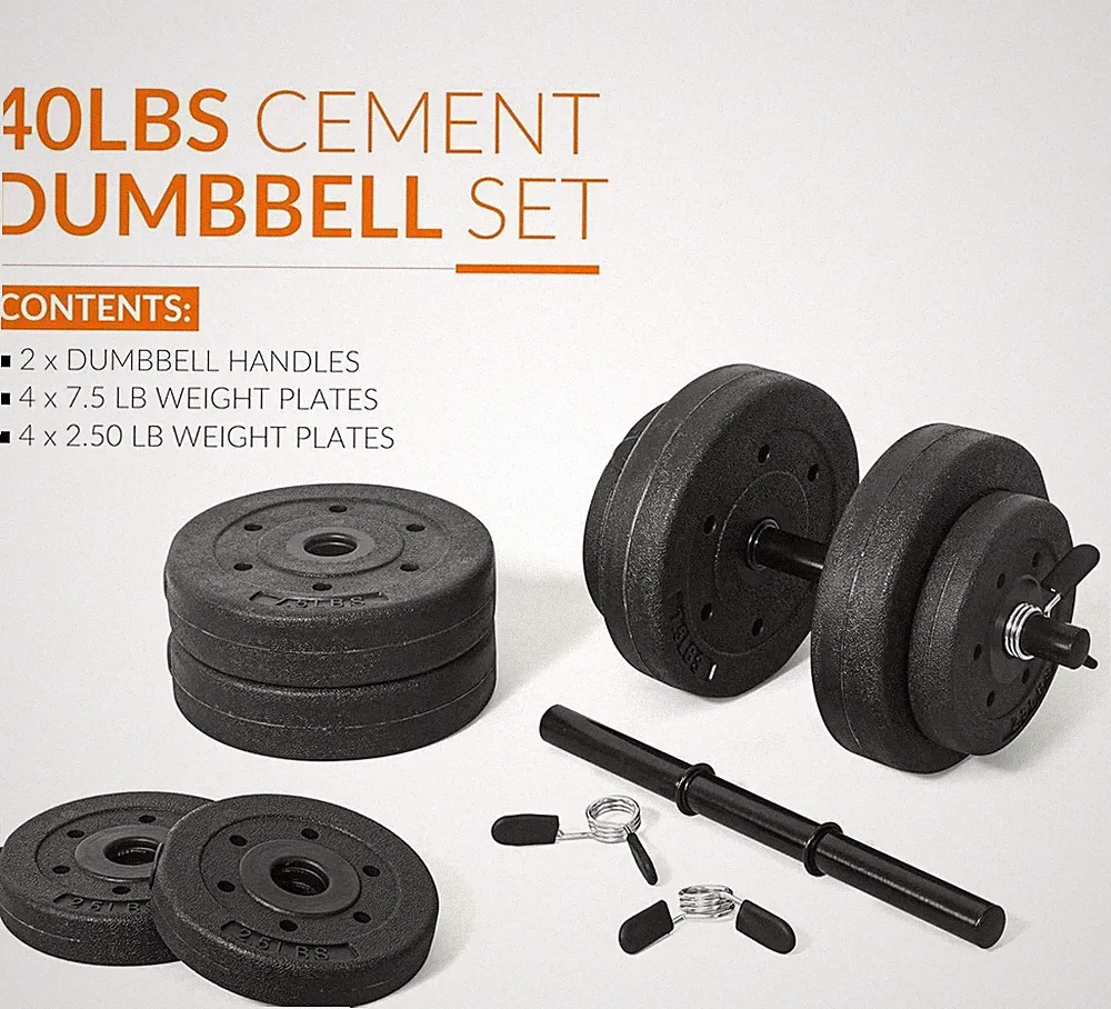 Adjustable 40lb Cement Dumbbell Set Vinyl Coating Weight Plates GYM Exercises.
