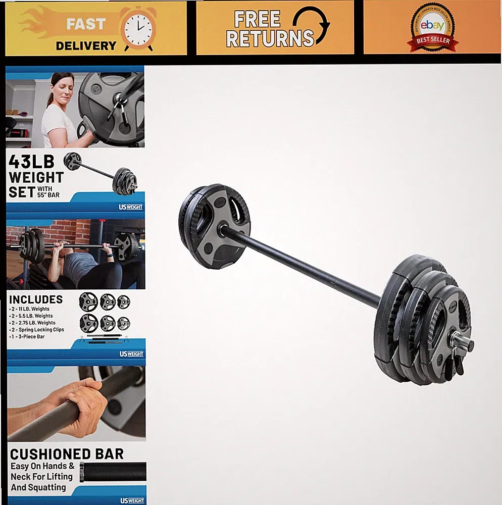 Adjustable 43 LB Barbell Weight Set for Home Gym - 55” Padded Bar, Build Muscle