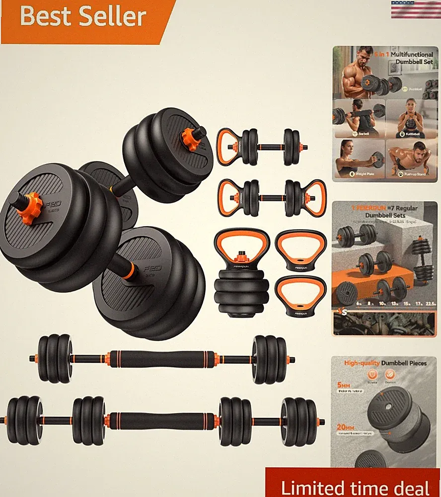 Adjustable 5-in-1 Dumbbell Set 45lbs for Home Gym - Kettlebell & Barbell