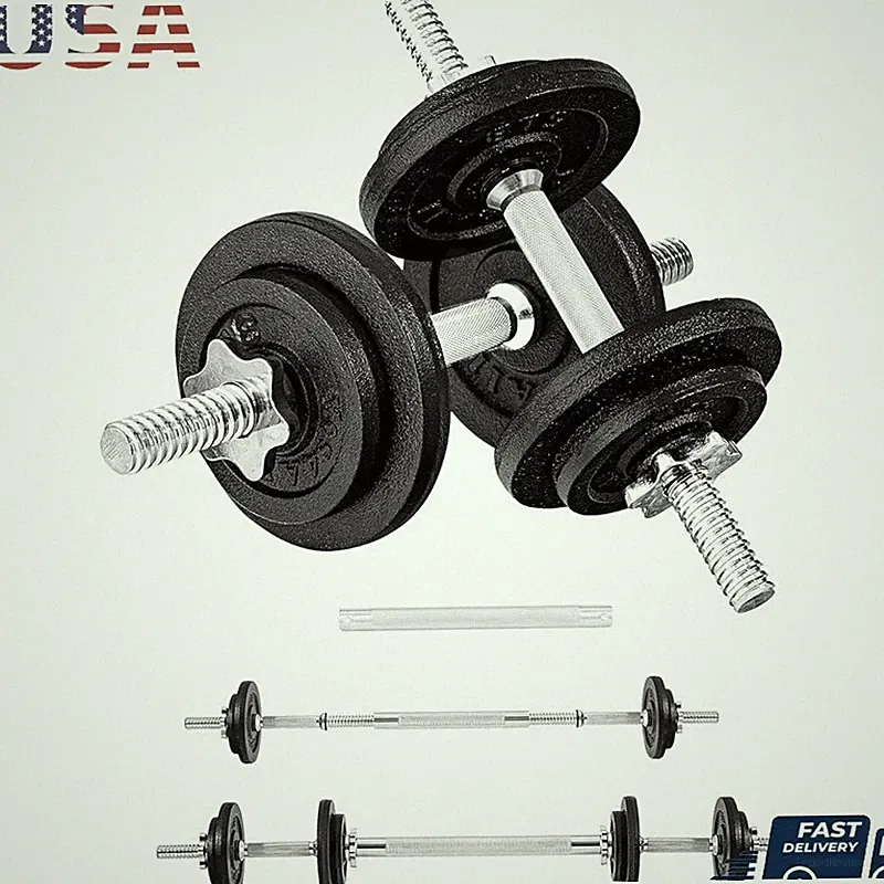 Adjustable Dumbbell Barbell Combo Set 40LB Weight Plates Home Workout Fitness US