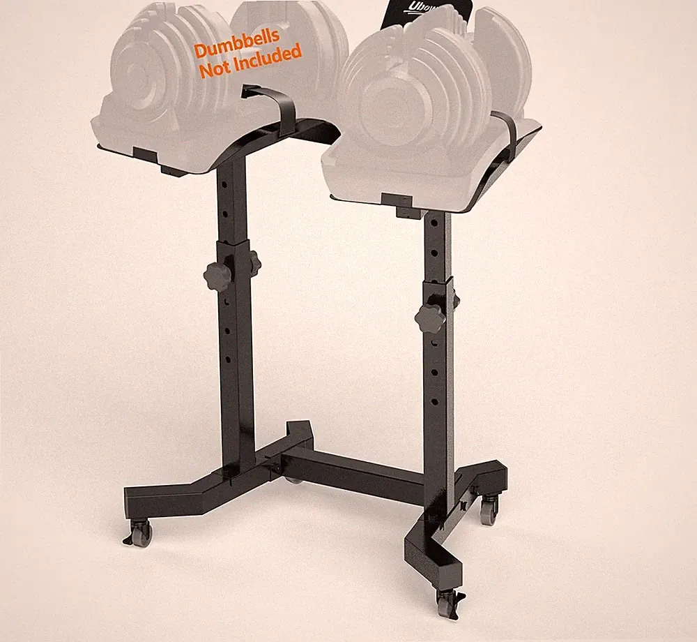 Adjustable dumbbell rack with wheels: 4 height settings.