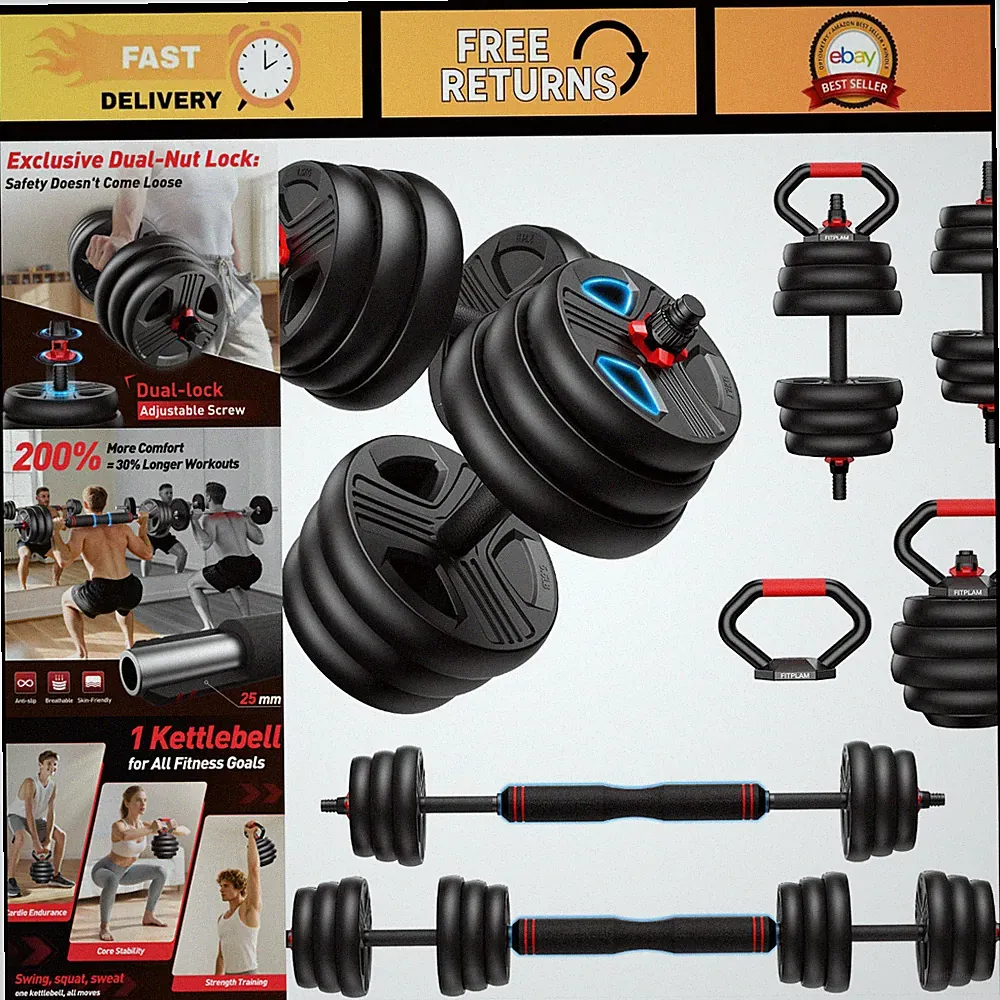 Adjustable Dumbbell Set 20-90lbs, 5-in-1 Free Weights, Kettlebell & Barbell for