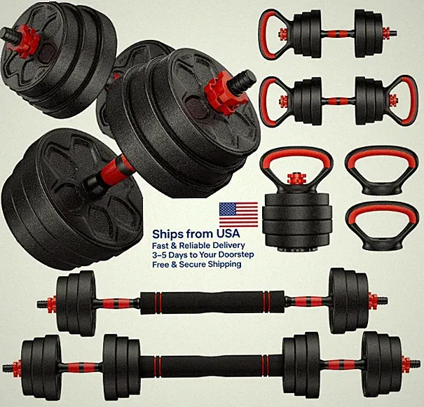 Adjustable Dumbbell Set 33/45/70lbs 4in1 Barbell Kettlebell Home Gym Weight